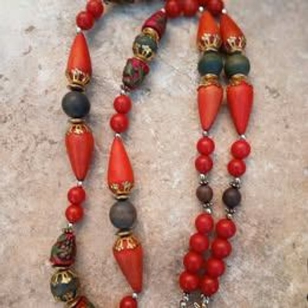 Vintage Wood Beaded Necklace Red Green Gold Tone Filigree Boho  36"